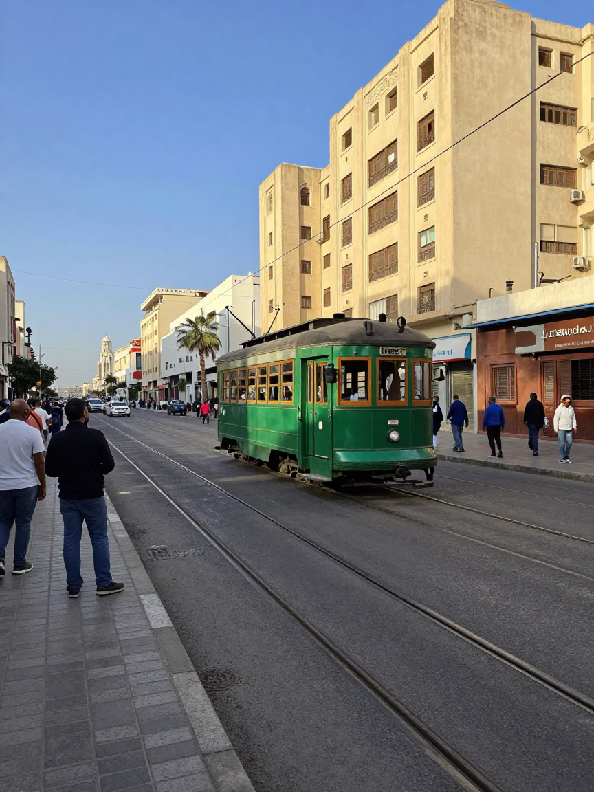 Busy Casablanca Street Scene with Heritage Tram and Commuters in Late Morning Light in in Casablanca, Morocco