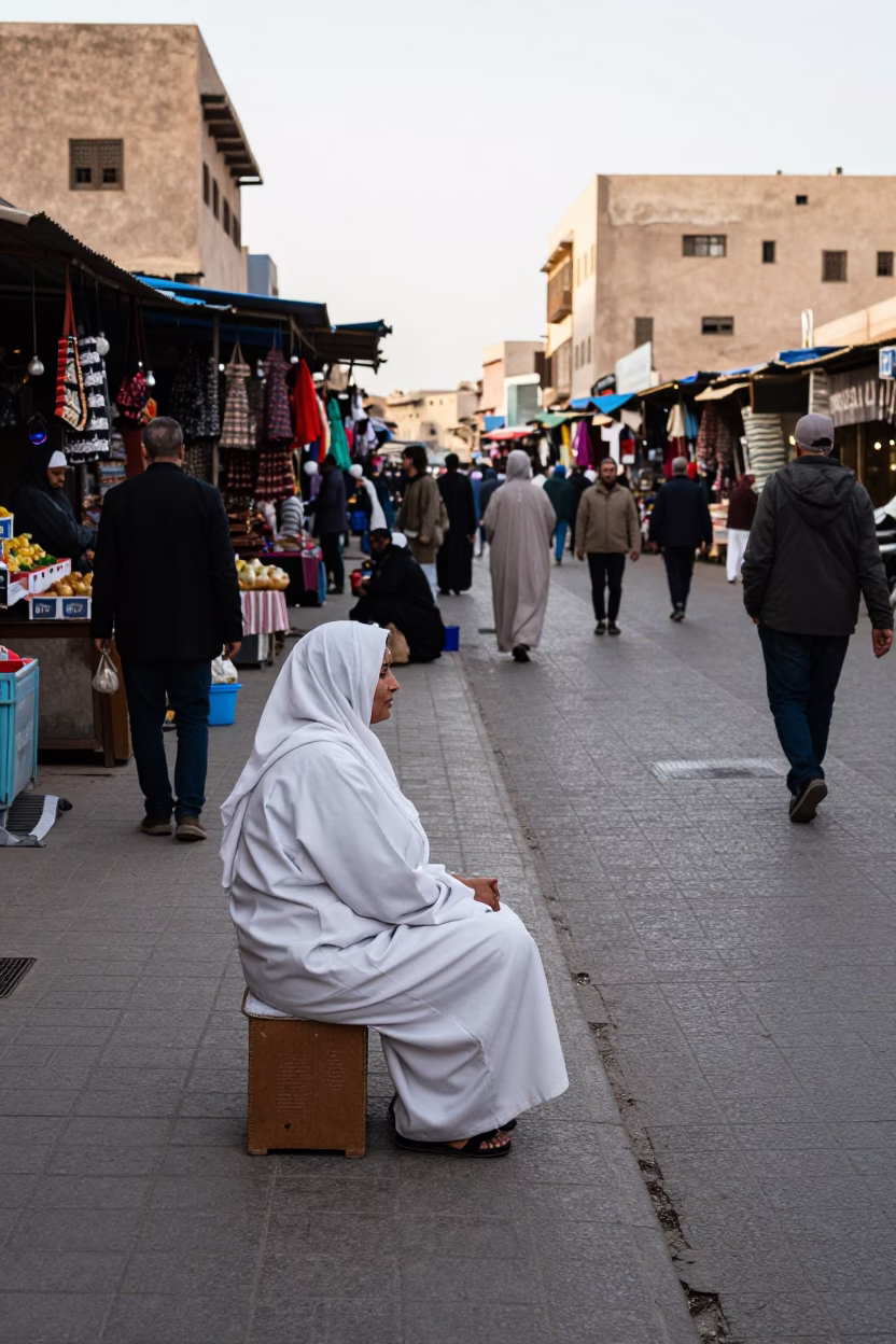 Busy Casablanca Street Scene with Local Market Activity and Traditional Elements in in Casablanca, Morocco