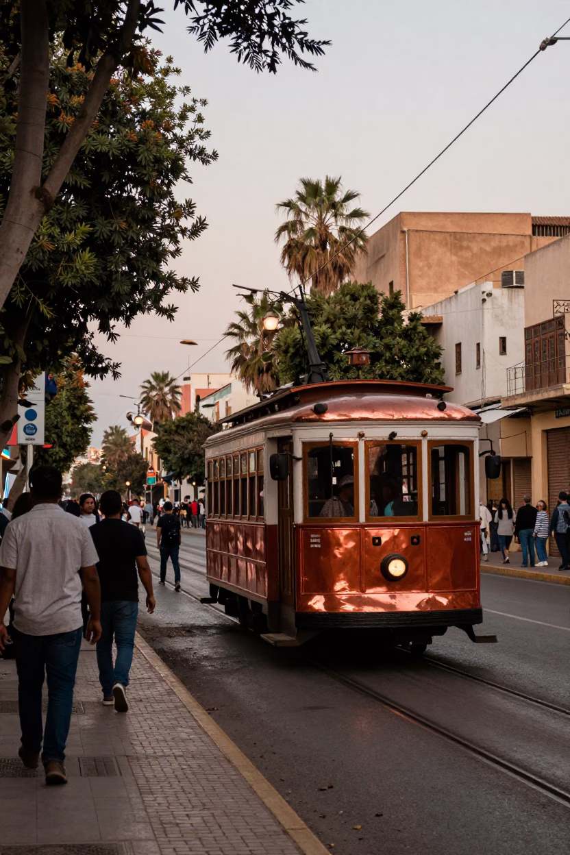 Busy Casablanca Street Scene with Old Trolley and Copper Dusk Light in in Casablanca, Morocco