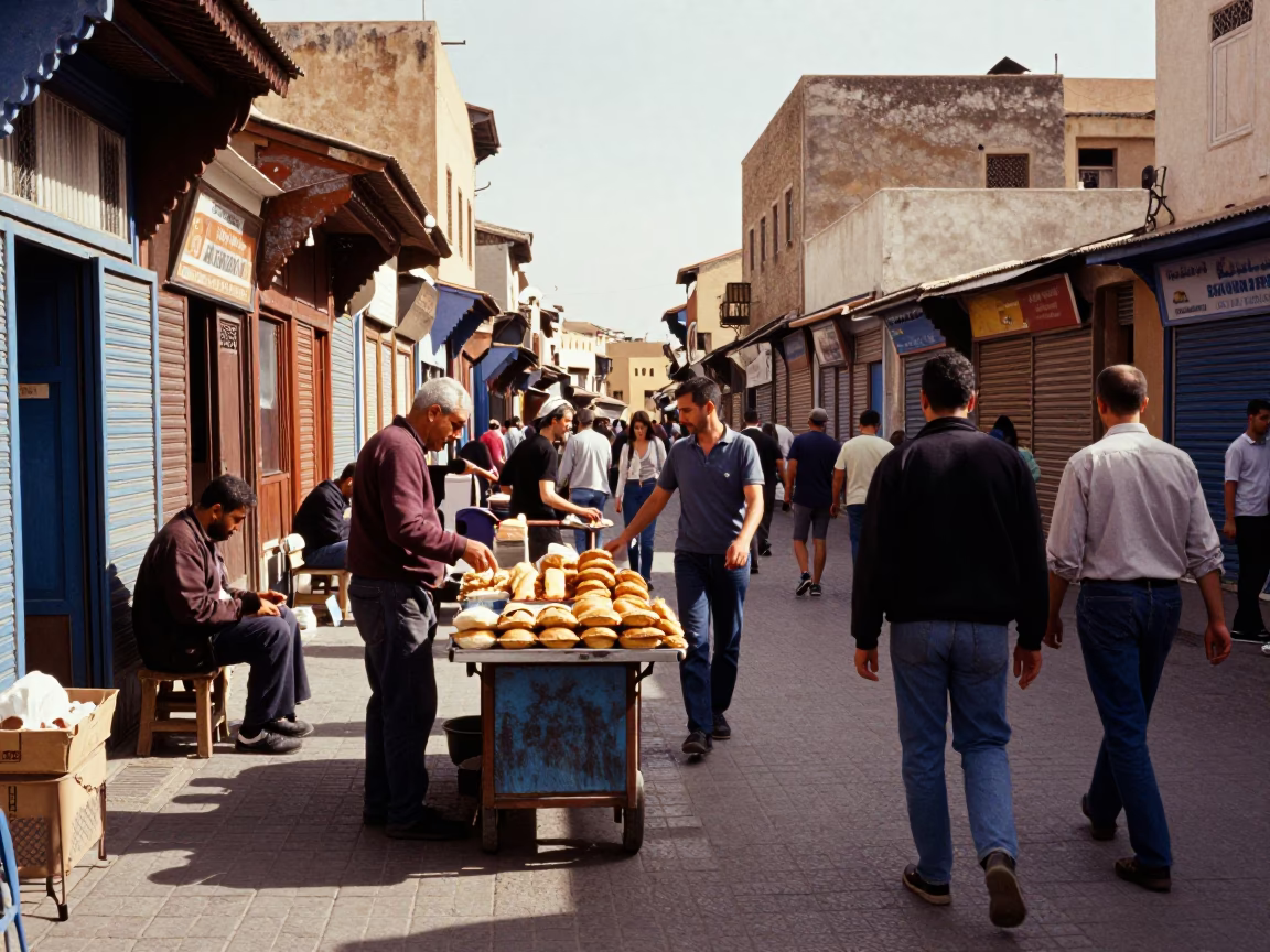 Busy Casablanca Street Scene with Pastries and Local Life in Early Afternoon in in Casablanca, Morocco