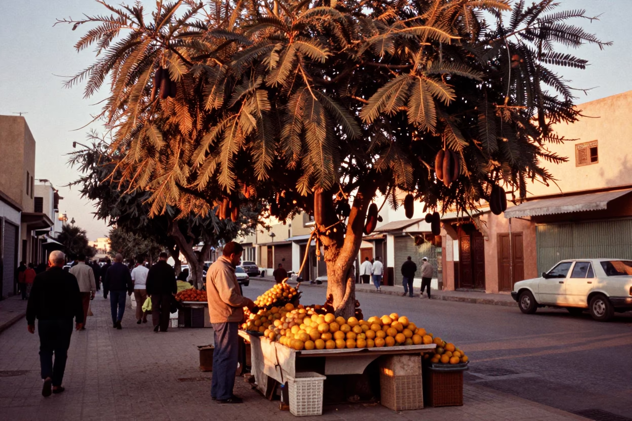 Busy Casablanca Street Scene with Tamarind Tree and Fruit Vendor in Copper Light in in Casablanca, Morocco
