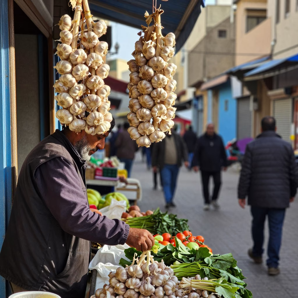 Busy Casablanca Street Scene with Vendor Selling Garlic and Avocados Under Morning Light in in Casablanca, Morocco