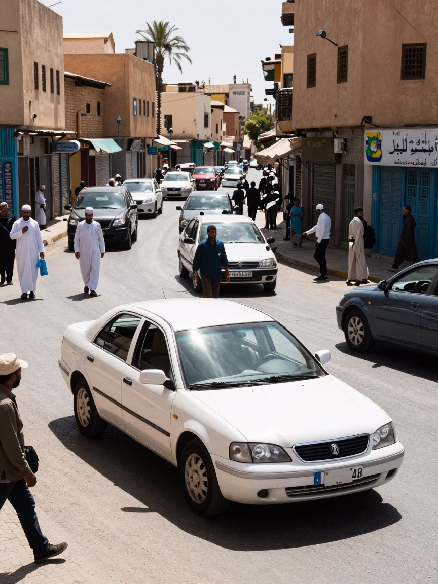 Busy Casablanca Street Scene with White Sedan and Traditional Djellaba at Midday in in Casablanca, Morocco