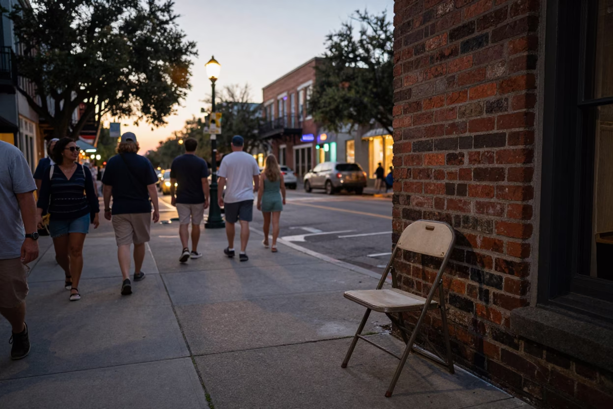 Busy Charleston Evening Street Scene with Folding Chair and Lockbox Near Historic District in in Charleston, South Carolina, United States