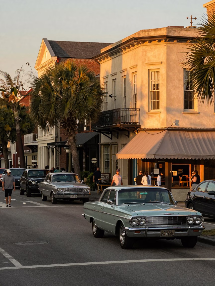 Busy Charleston Evening Street Scene with Vintage Cars and Local Commerce in in Charleston, South Carolina, United States