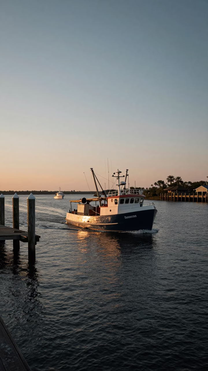 Busy Charleston Harbor at Nautical Dawn with Shrimp Trawler and Coastal Activity in in Charleston, South Carolina, United States