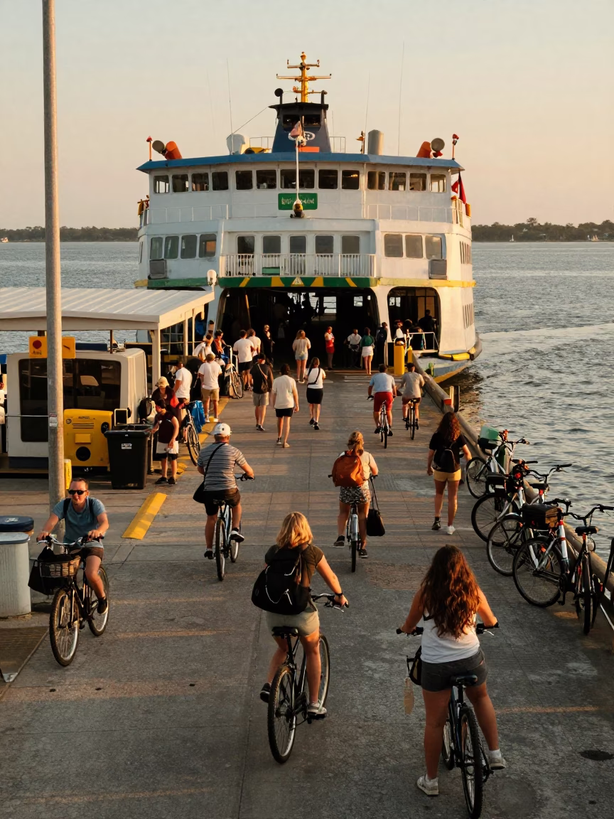 Busy Charleston Harbor Ferry Dock Loading Passengers and Bicycles at Golden Hour in in Charleston, South Carolina, United States