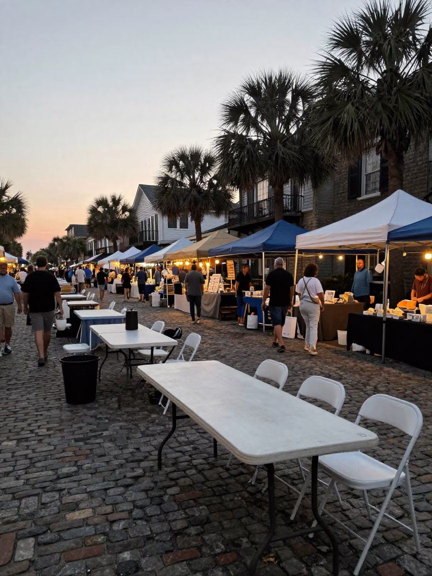 Busy Charleston Market Stall at Nautical Dawn with Folding Tables and Apples in in Charleston, South Carolina, United States