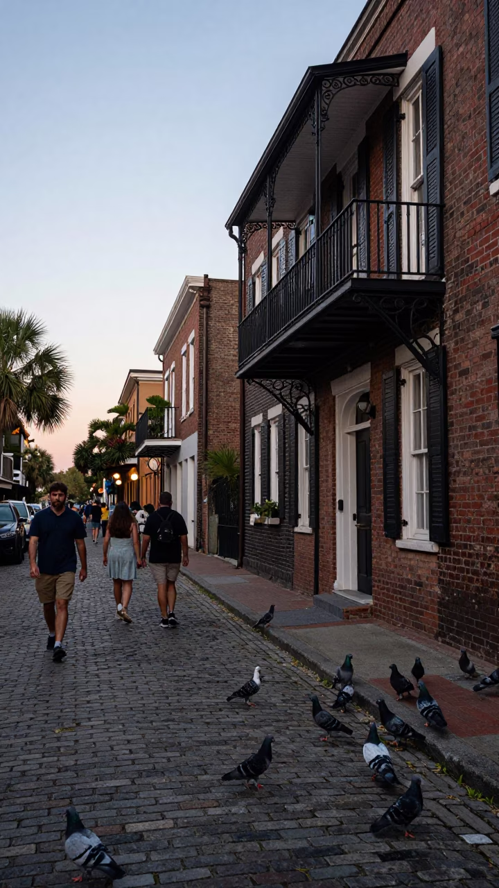 Busy Charleston South Carolina Evening Street Scene with Pigeons and Historic Architecture in in Charleston, South Carolina, United States