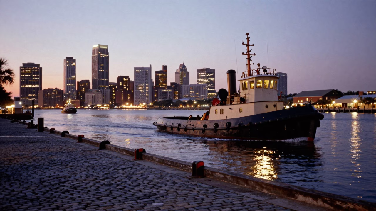 Busy Charleston South Carolina Harbor at Dusk with Tugboat and City Lights in in Charleston, South Carolina, United States