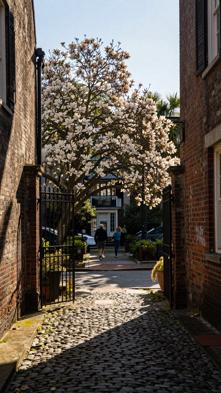 Busy Charleston South Carolina Late Afternoon Street Scene with Garden Gate and Local Activity in in Charleston, South Carolina, United States