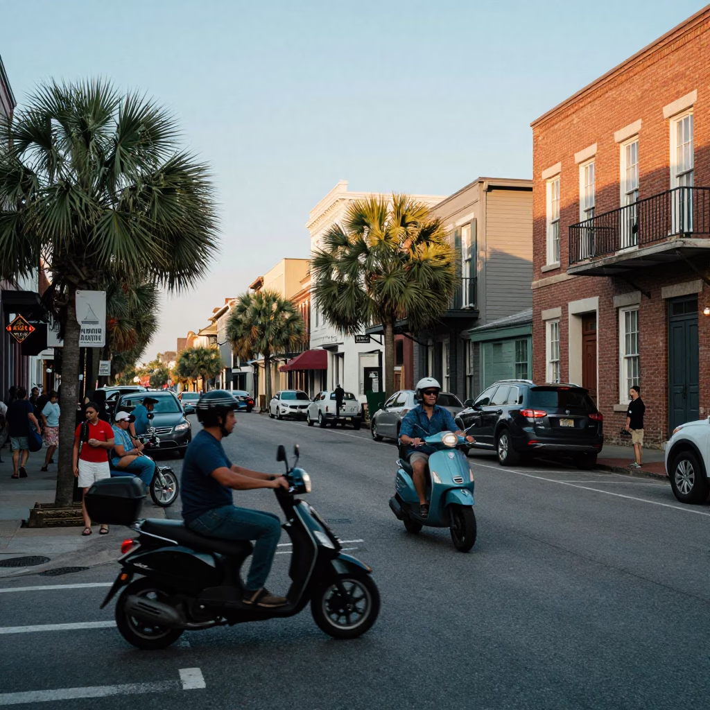 Busy Charleston South Carolina Late Afternoon Street Scene with Scooter and Local Life in in Charleston, South Carolina, United States