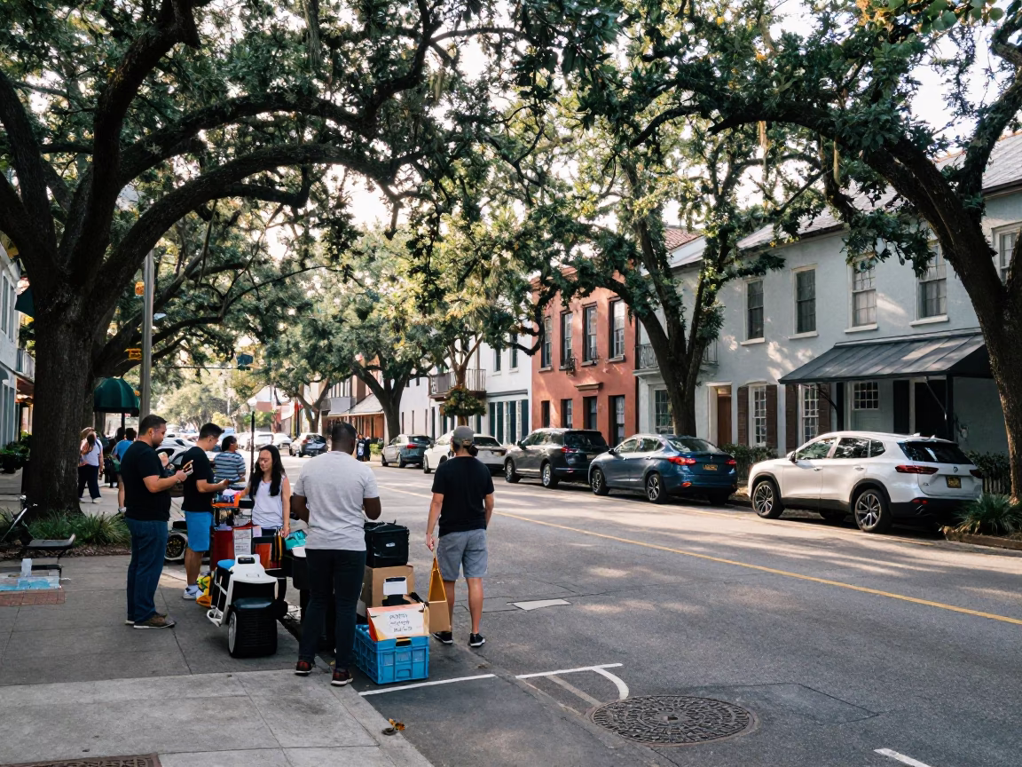 Busy Charleston South Carolina Late Morning Street Scene with Local Vendors and Historic Architecture in in Charleston, South Carolina, United States