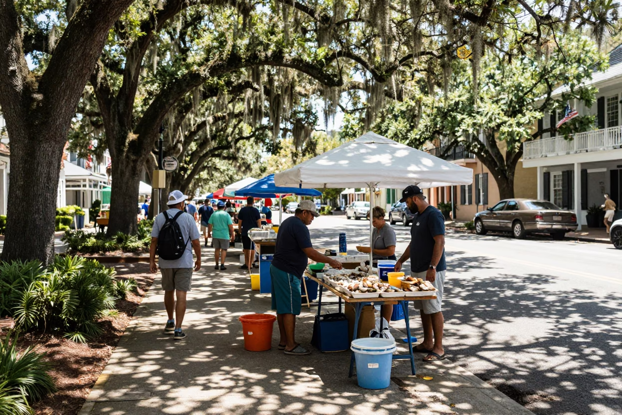 Busy Charleston South Carolina Midday Street Scene with Local Market Activity in in Charleston, South Carolina, United States