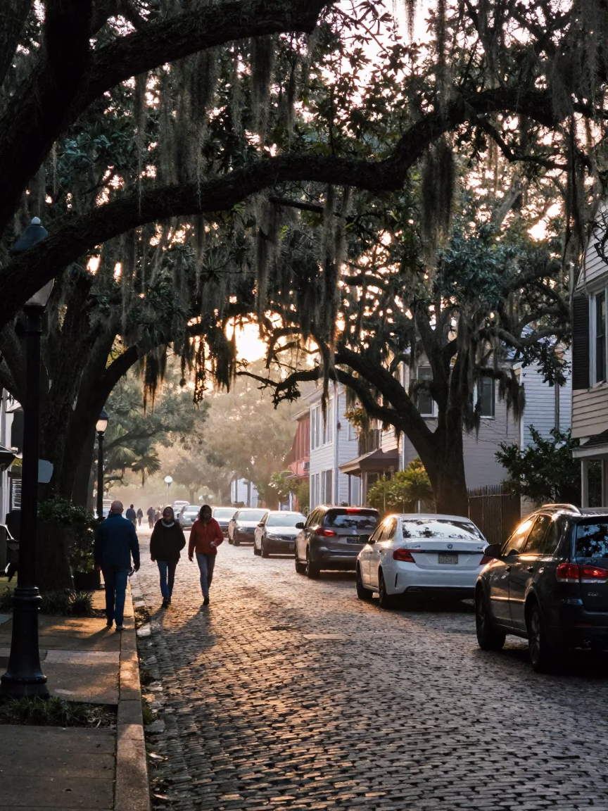 Busy Charleston South Carolina Street Scene at First Light Dawn with Local Life in in Charleston, South Carolina, United States