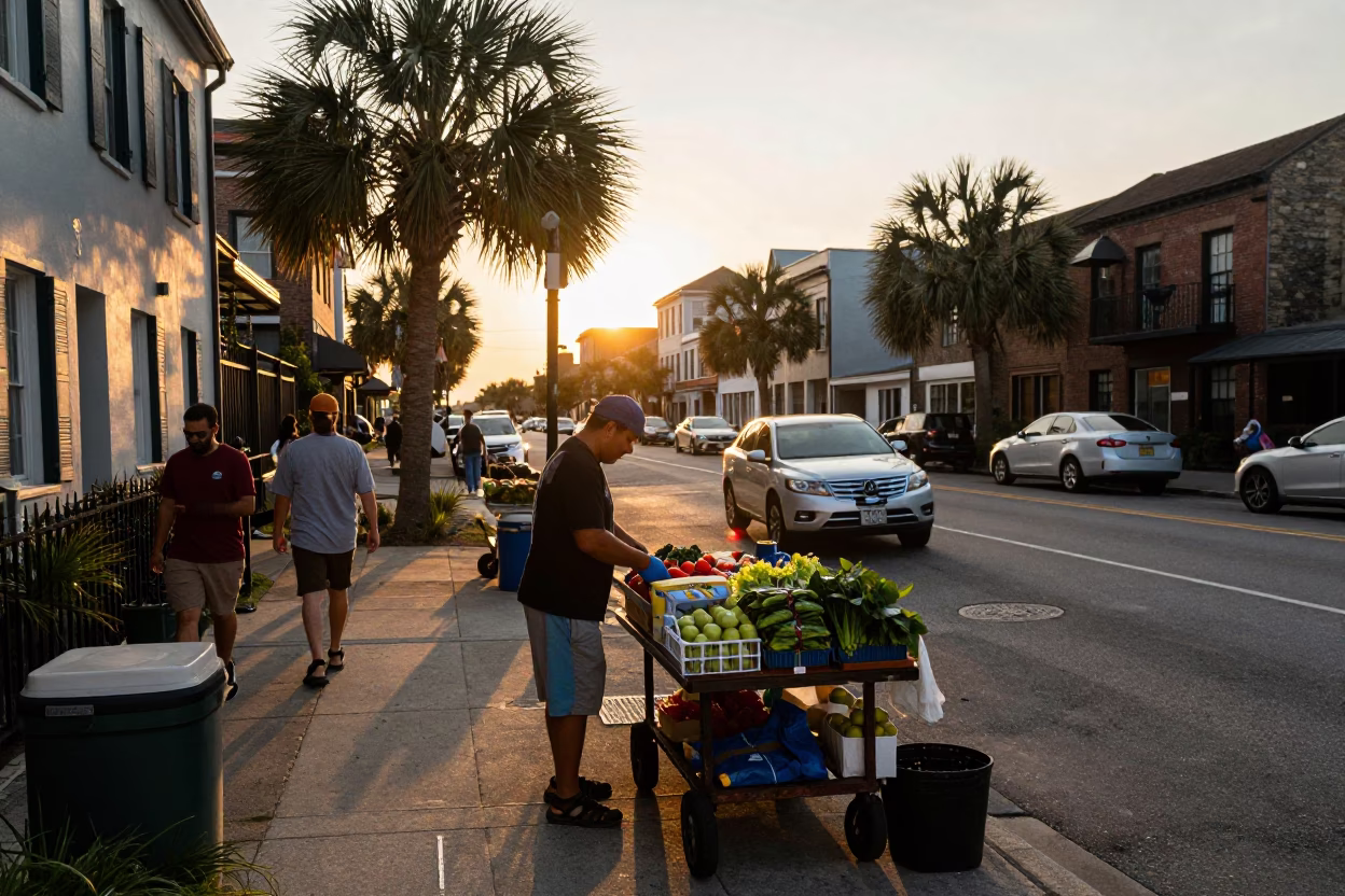 Busy Charleston South Carolina Street Scene During Golden Hour Before Sunset in in Charleston, South Carolina, United States