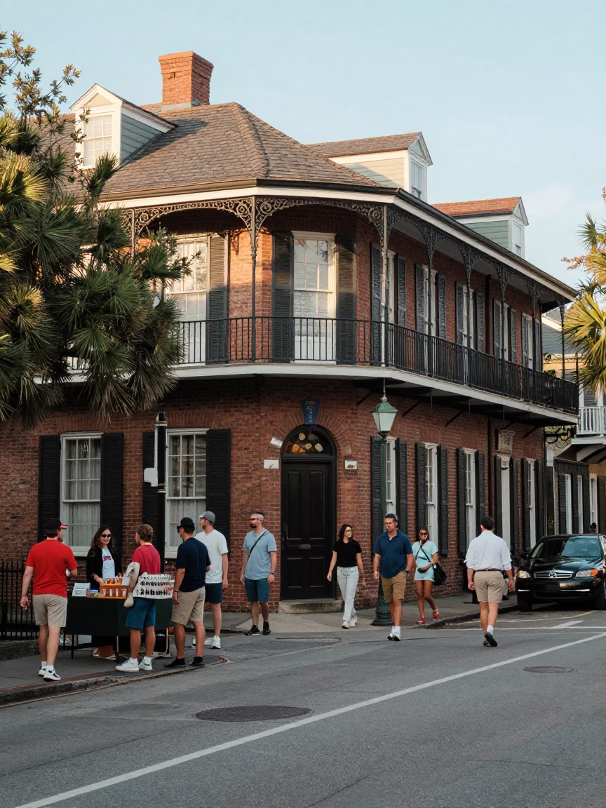 Busy Charleston South Carolina Street Scene Early Afternoon with Historic Architecture and Local Activity in in Charleston, South Carolina, United States
