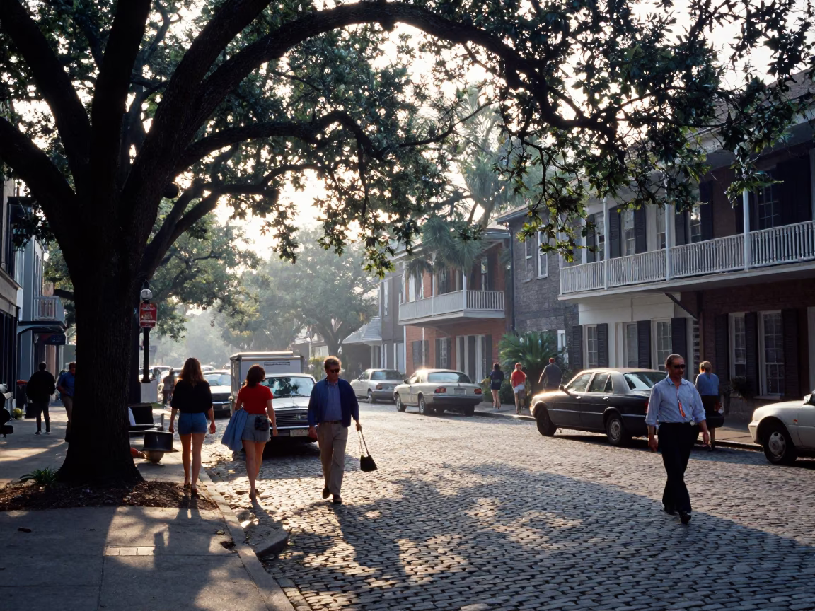 Busy Charleston South Carolina Street Scene Early Morning with Vintage 1980s Details in in Charleston, South Carolina, United States