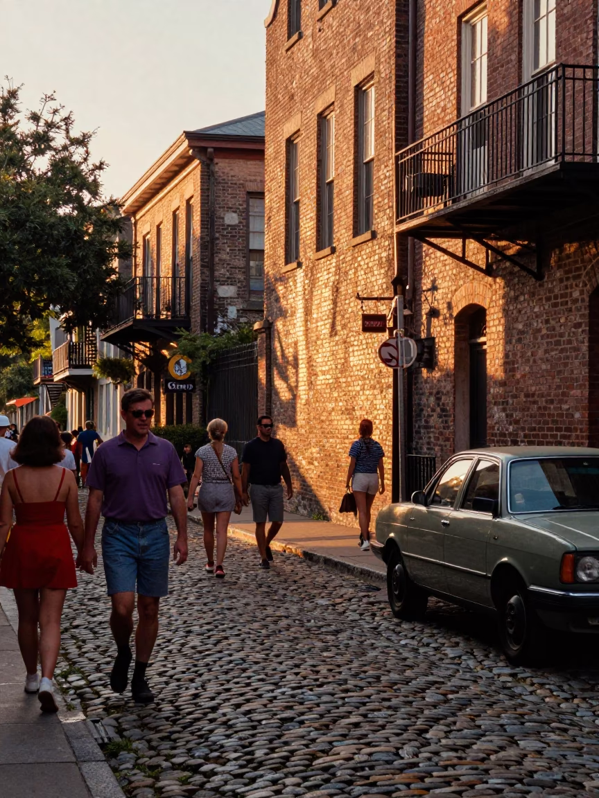 Busy Charleston South Carolina Street Scene in Honeyed Evening Light with Local Architecture in in Charleston, South Carolina, United States