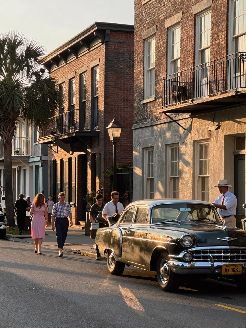 Busy Charleston South Carolina Street Scene Just After Sunrise with Vintage 1960s Details in in Charleston, South Carolina, United States