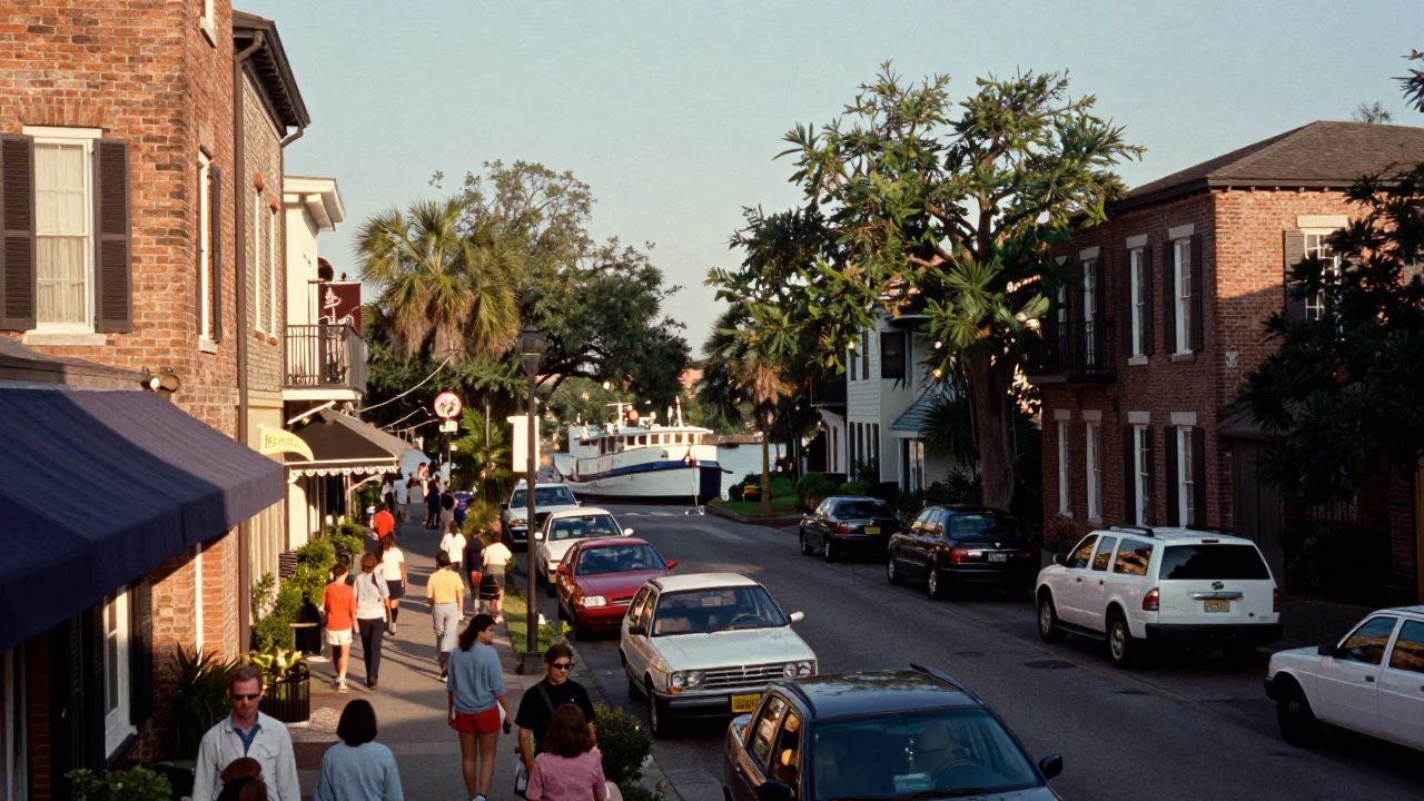 Busy Charleston South Carolina Street Scene Late Afternoon Light 1990s Era in in Charleston, South Carolina, United States