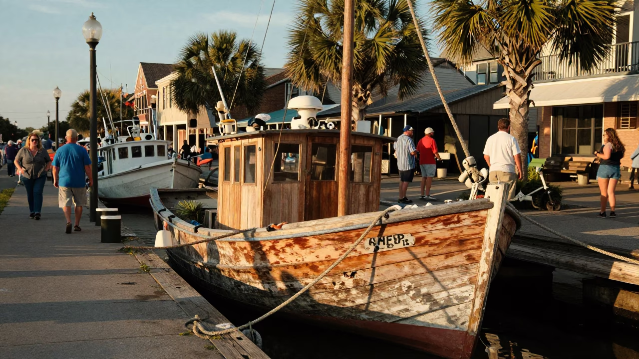 Busy Charleston South Carolina Street Scene Late Afternoon with Wooden Fishing Boat in in Charleston, South Carolina, United States