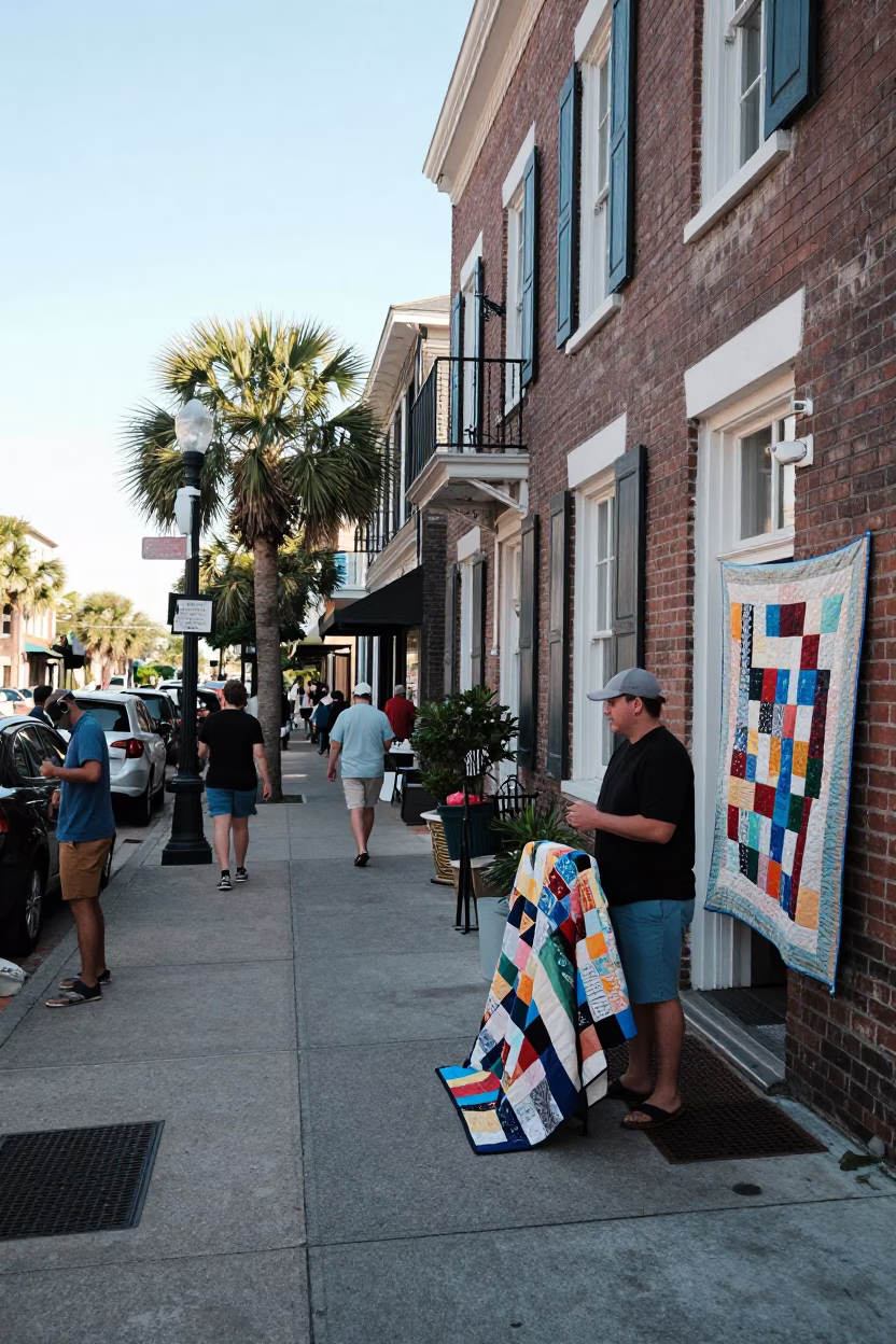 Busy Charleston South Carolina Street Scene Late Morning with Local Commerce and Historic Architecture in in Charleston, South Carolina, United States