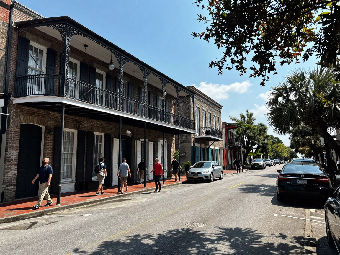 Busy Charleston South Carolina Street Scene Under Flat Noon Glare with Local Details in in Charleston, South Carolina, United States