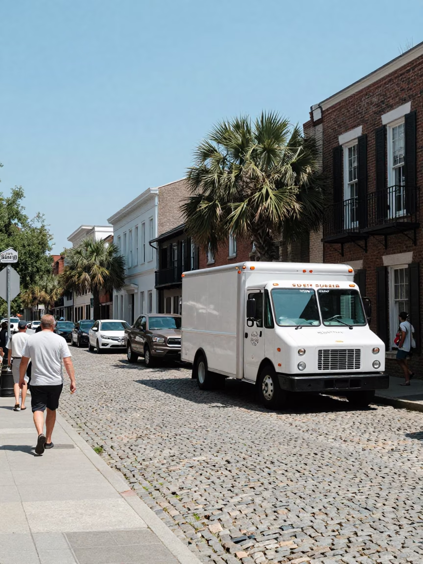 Busy Charleston South Carolina Street Scene Under Flat Noon Light With Local Details in in Charleston, South Carolina, United States