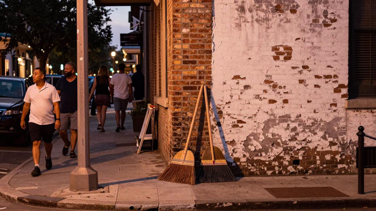 Busy Charleston Street Corner at Dusk with Brooms and Local Life in in Charleston, South Carolina, United States