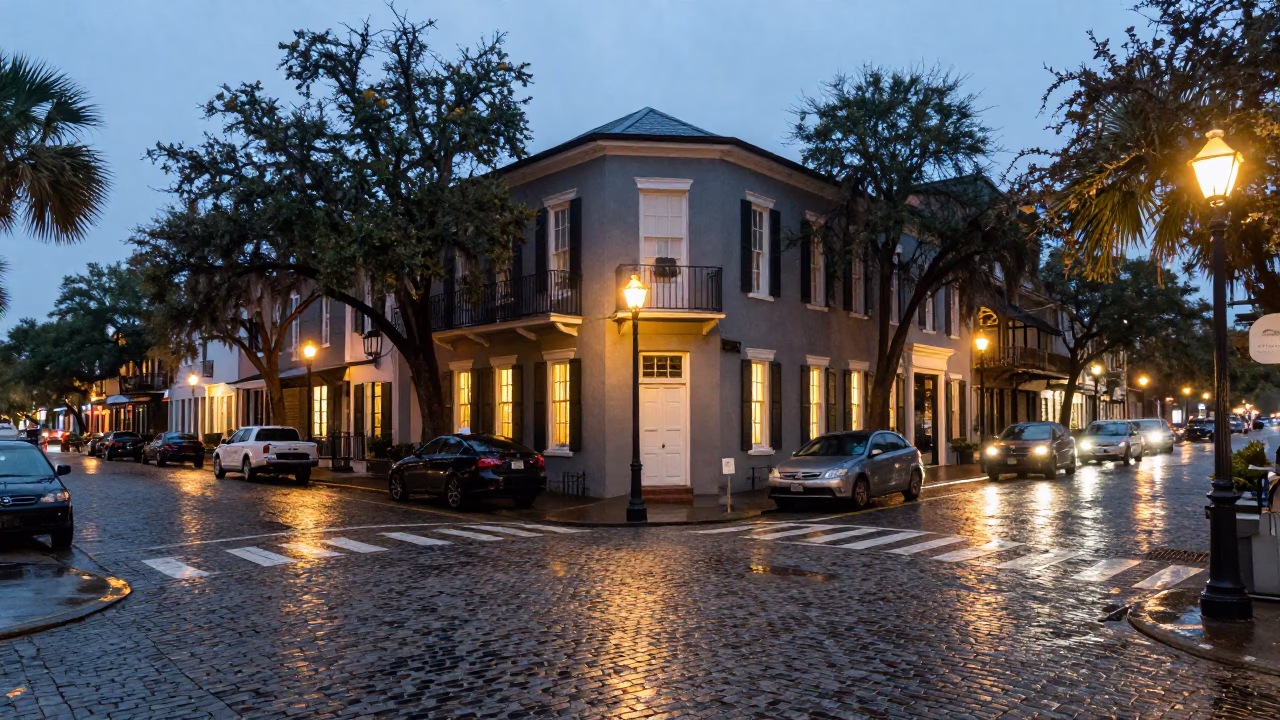 Busy Charleston Street Corner in Early Evening Light with Local Details in in Charleston, South Carolina, United States