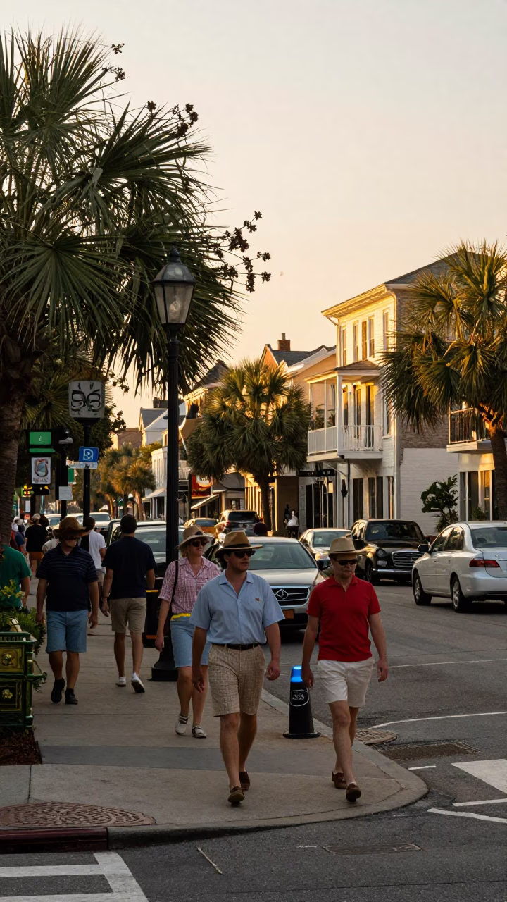 Busy Charleston Street Corner in Honeyed Evening Light with Local Pedestrians and Historic Architecture in in Charleston, South Carolina, United States