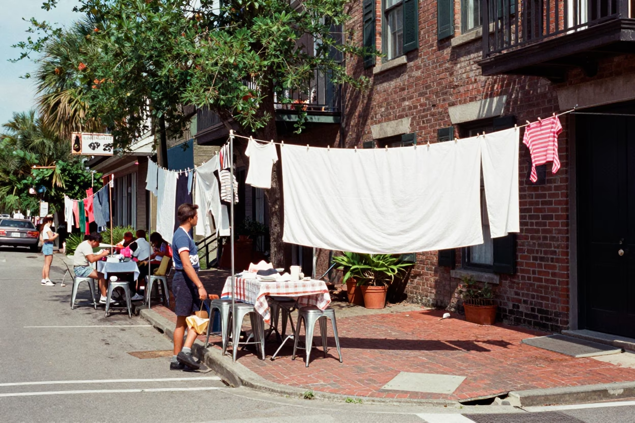 Busy Charleston Street Corner with Clothesline and Metal Stools in in Charleston, South Carolina, United States