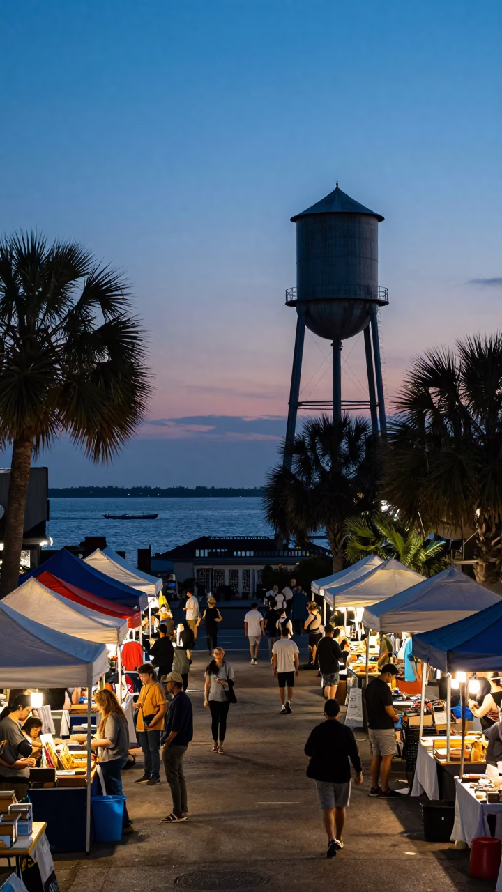 Busy Charleston Street Market at Nautical Dawn with Water Tower and Local Commerce in in Charleston, South Carolina, United States