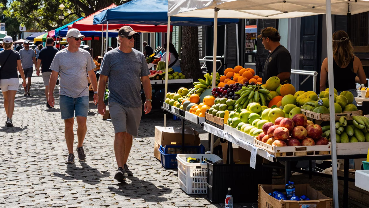 Busy Charleston Street Market Midday with Fresh Fruit Stall and Traditional Architecture in in Charleston, South Carolina, United States