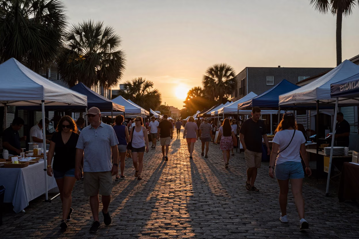 Busy Charleston Street Market Scene at Sunset with Local Goods and Historic Architecture in in Charleston, South Carolina, United States