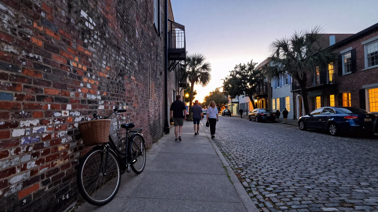 Busy Charleston Street Scene at Dawn with Bicycle Basket and Local Life in in Charleston, South Carolina, United States