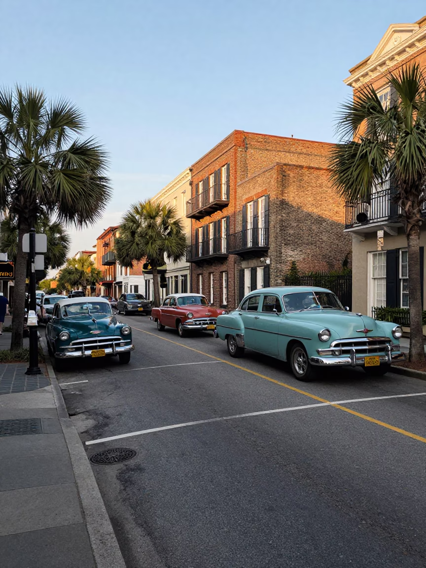 Busy Charleston Street Scene Early Afternoon with Vintage Cars and Local Activity in in Charleston, South Carolina, United States