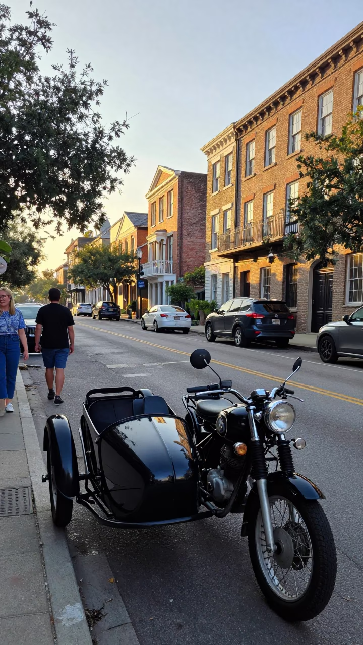 Busy Charleston Street Scene Just After Sunrise with Vintage Motorcycle Sidecar and Local Activity in in Charleston, South Carolina, United States