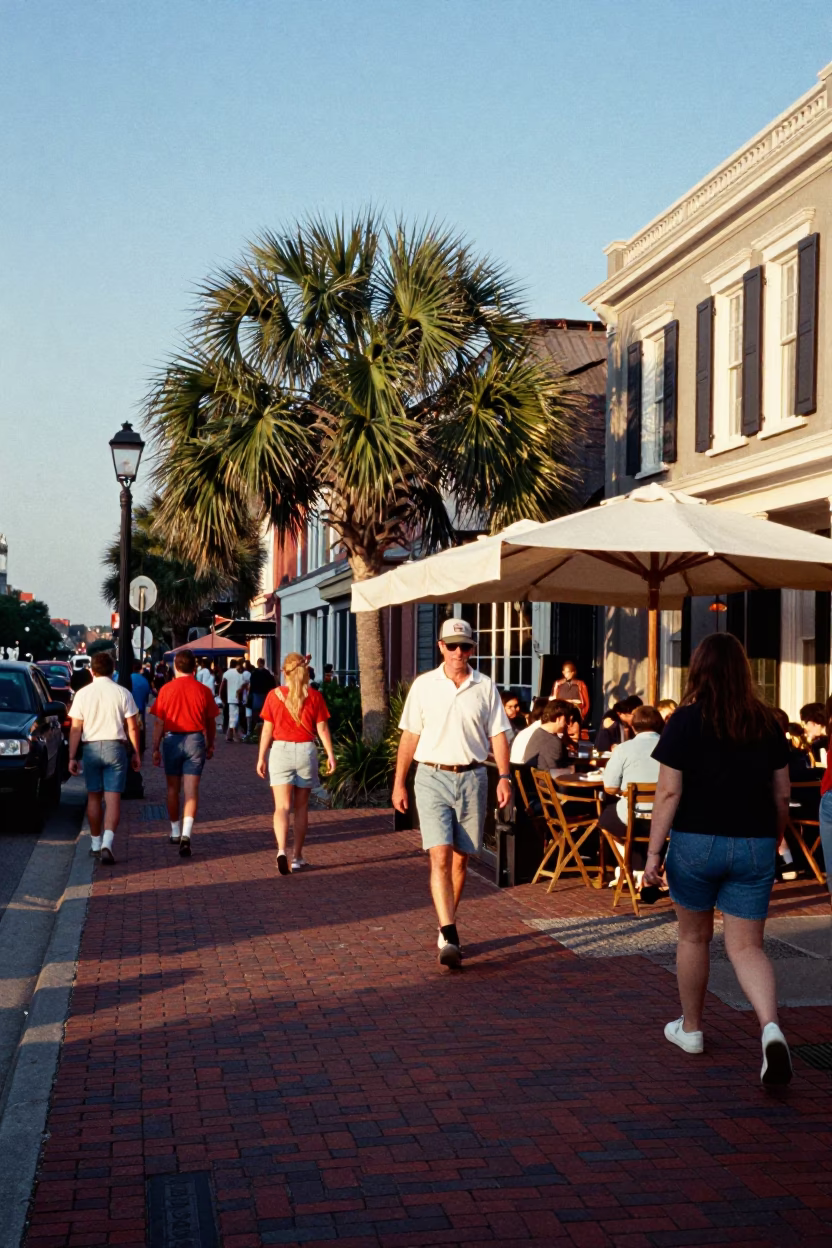 Busy Charleston Street Scene Late Afternoon Light with Local Details in in Charleston, South Carolina, United States
