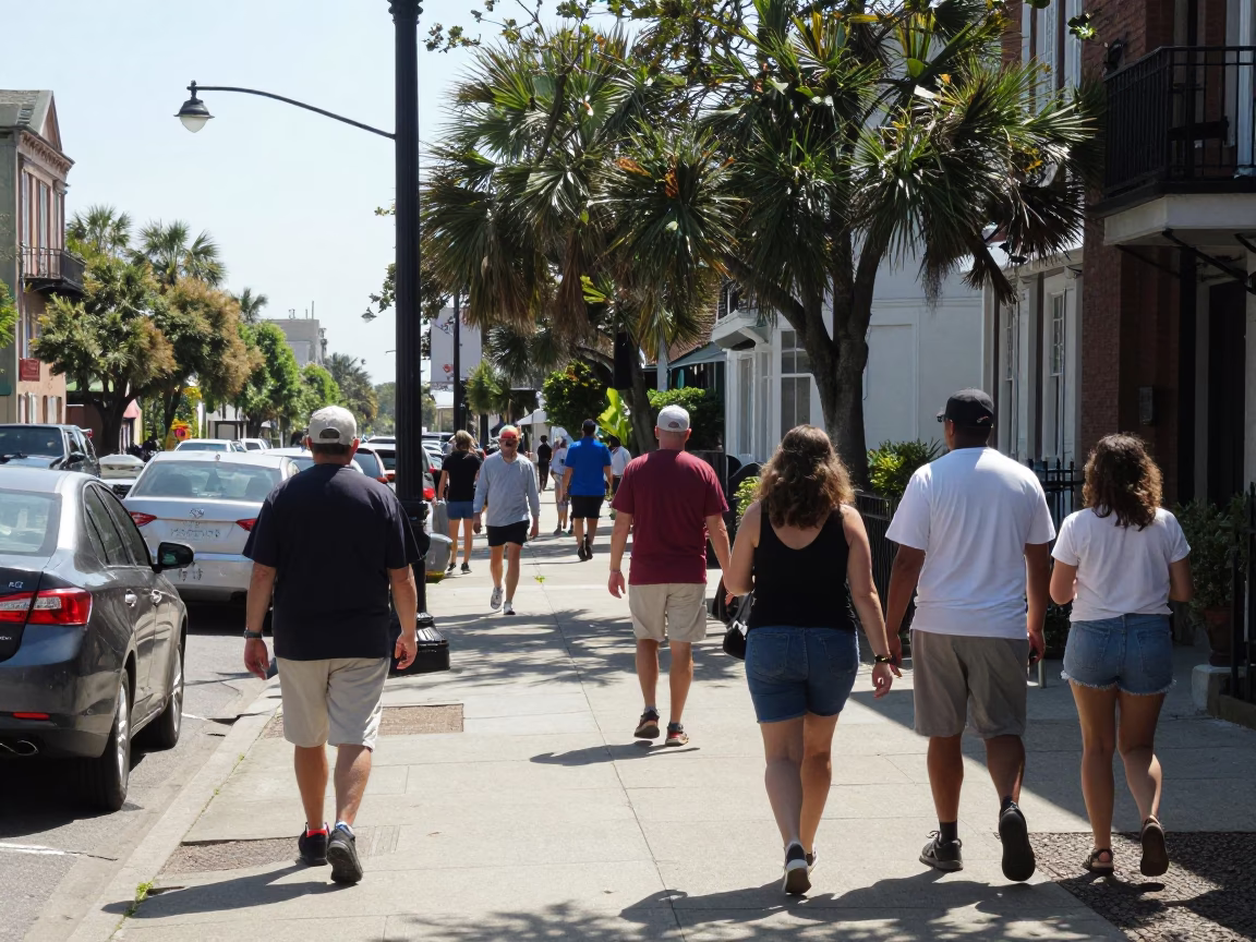 Busy Charleston Street Scene Under Flat Noon Glare with Local Details in in Charleston, South Carolina, United States