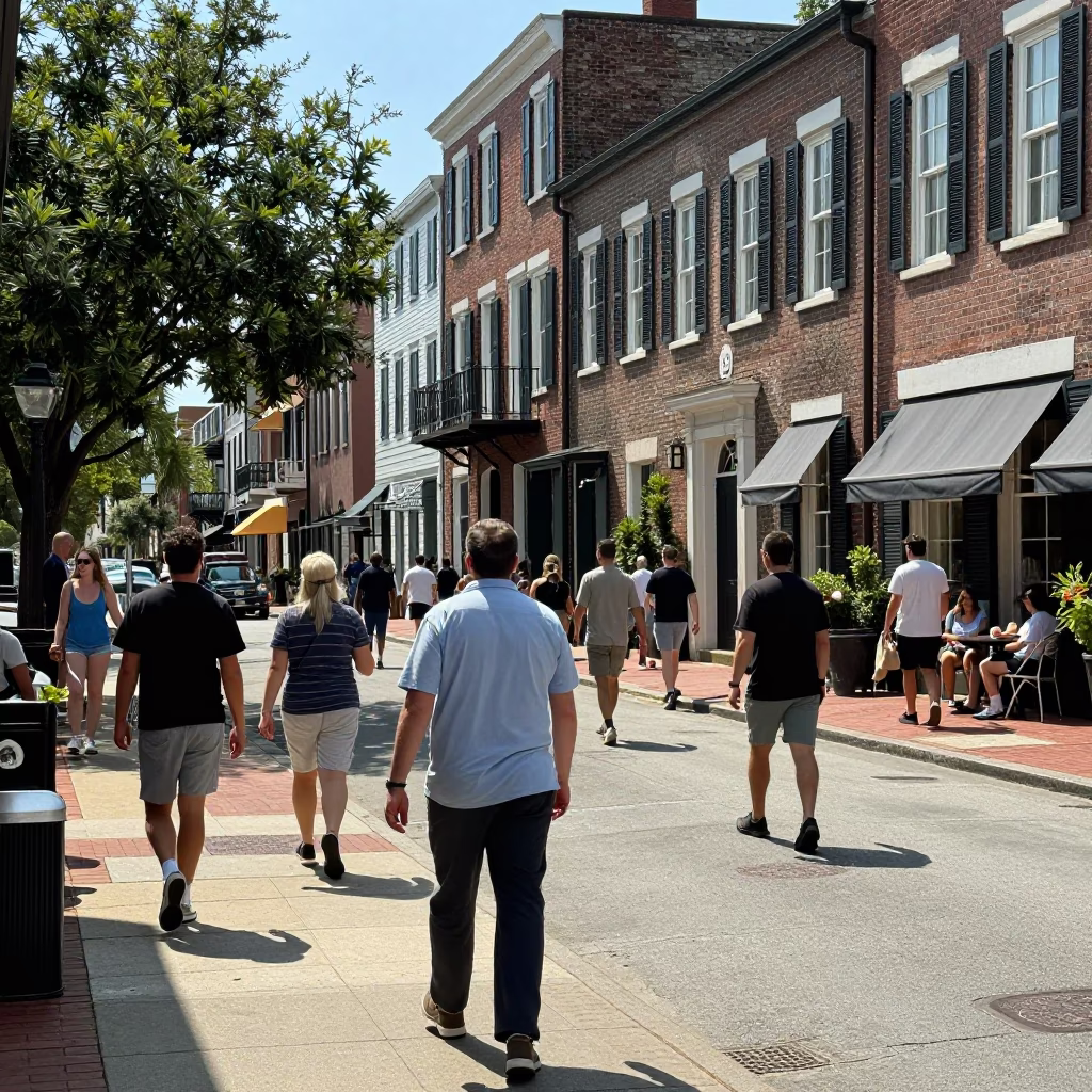 Busy Charleston Street Scene Under Flat Noon Glare with Local Dining and Historic Architecture in in Charleston, South Carolina, United States