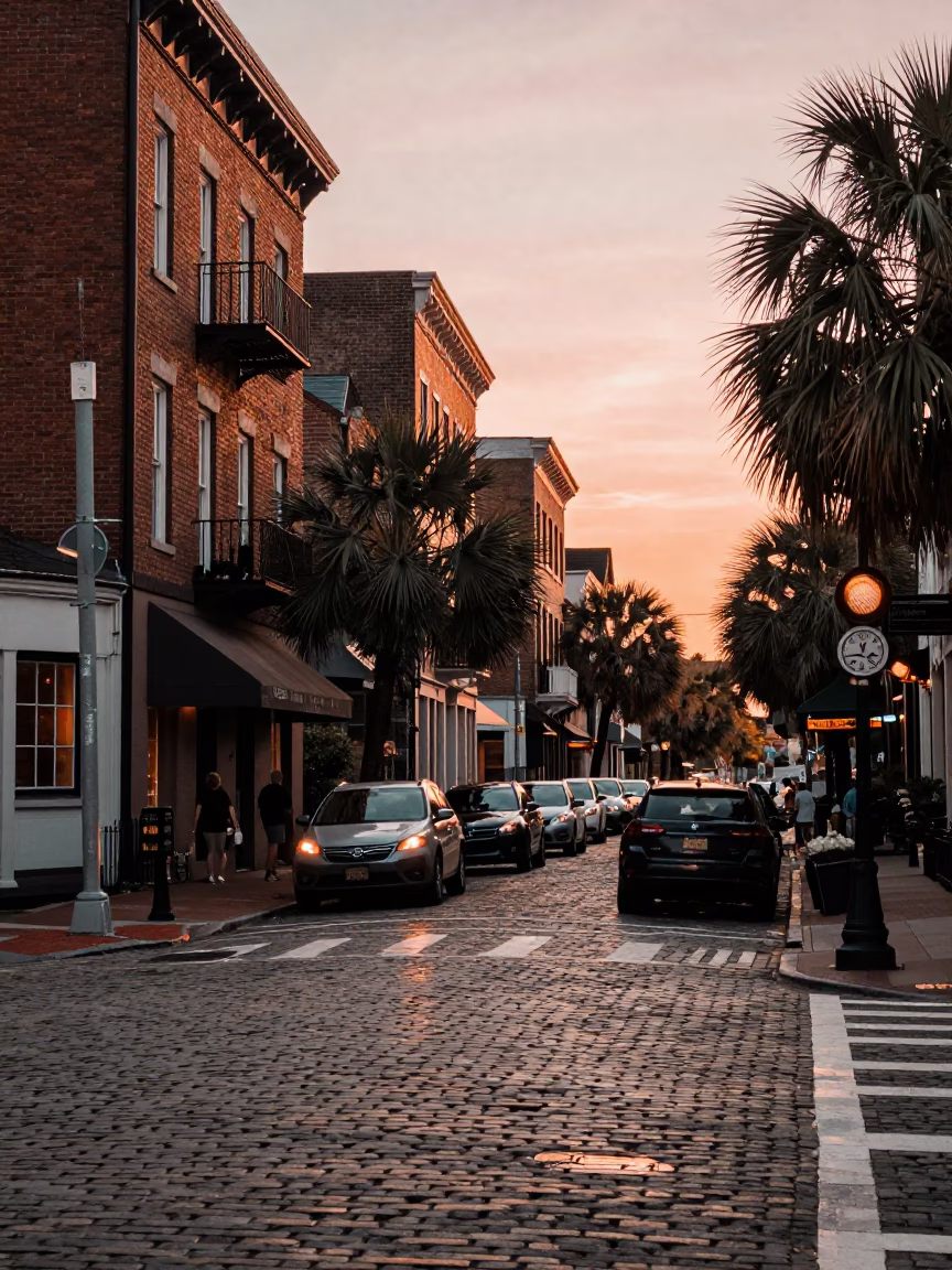 Busy Charleston Street Scene with Brick Buildings and Copper Dusk Light in in Charleston, South Carolina, United States