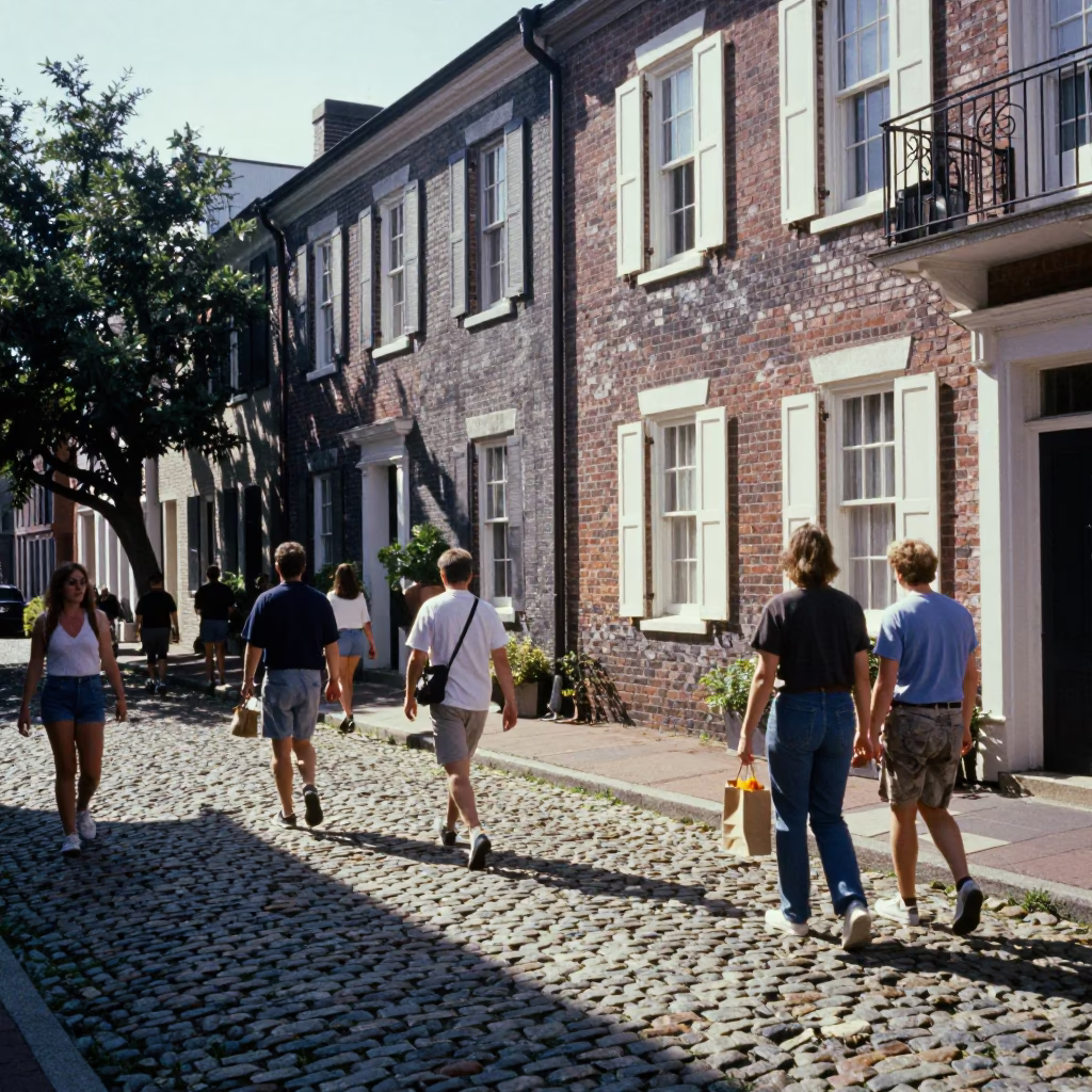 Busy Charleston Street Scene with Cobblestones and Historic Architecture Under Noon Sun in in Charleston, South Carolina, United States