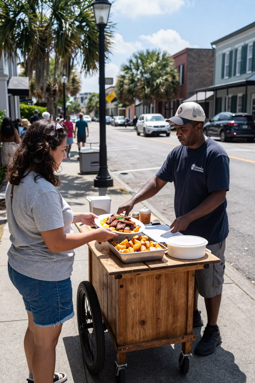 Busy Charleston Street Scene with Duck Confit and Local Interaction in in Charleston, South Carolina, United States