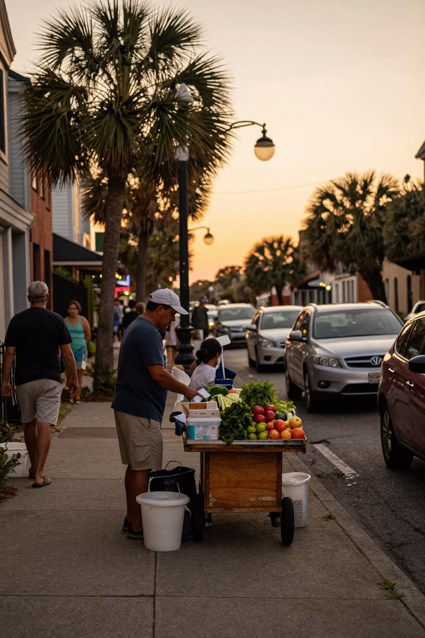 Busy Charleston Street Scene with Local Vendor and Evening Light in in Charleston, South Carolina, United States