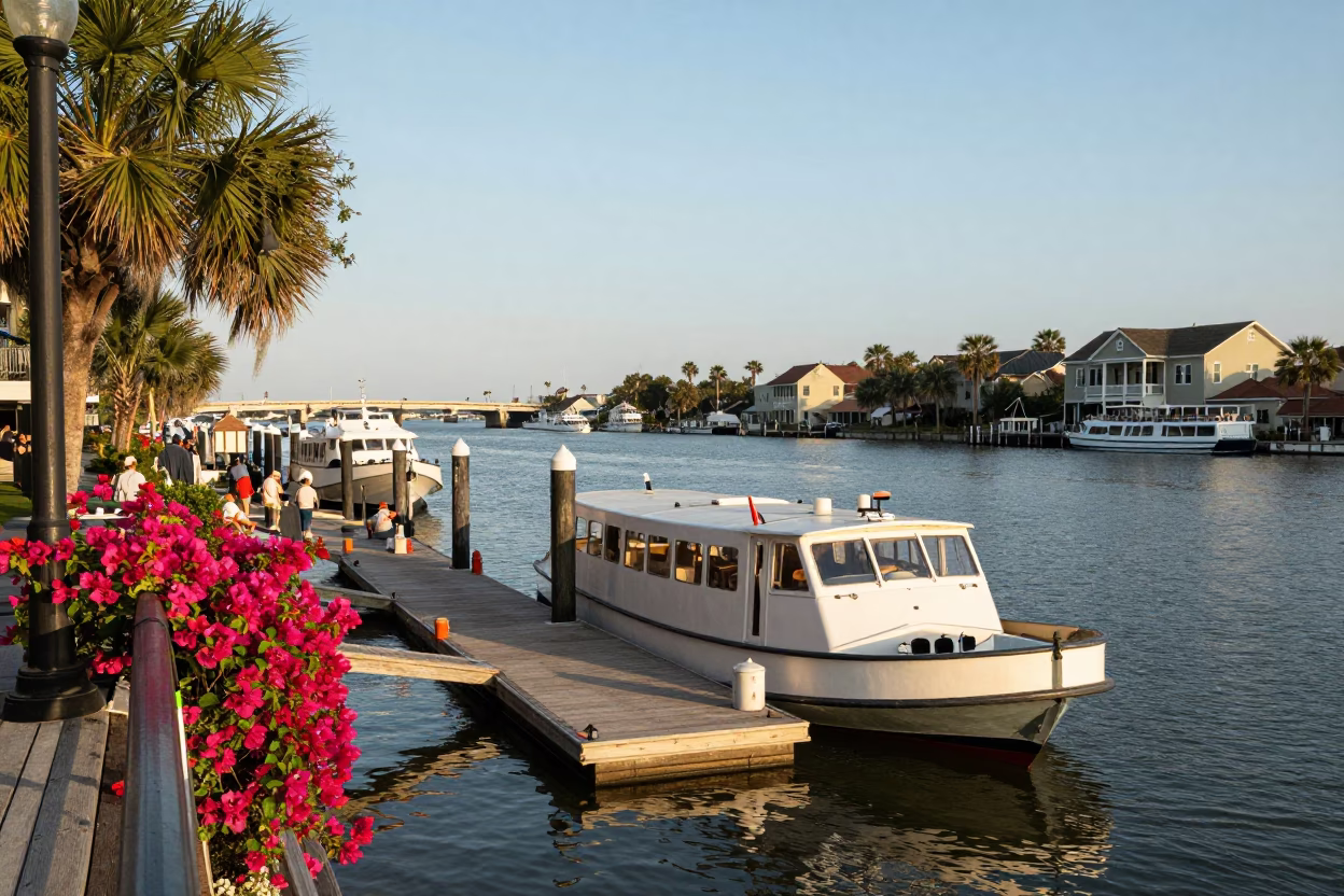 Busy Charleston Water Taxi Dock Scene with Bougainvillea and Late Afternoon Sunlight in in Charleston, South Carolina, United States