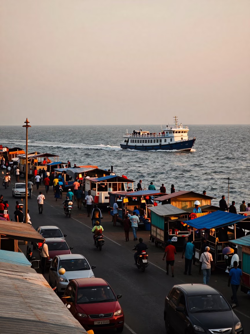 Busy Chennai Harbor Street Scene at Nautical Dawn with Pilot Boat and Construction Activity in in Chennai, India