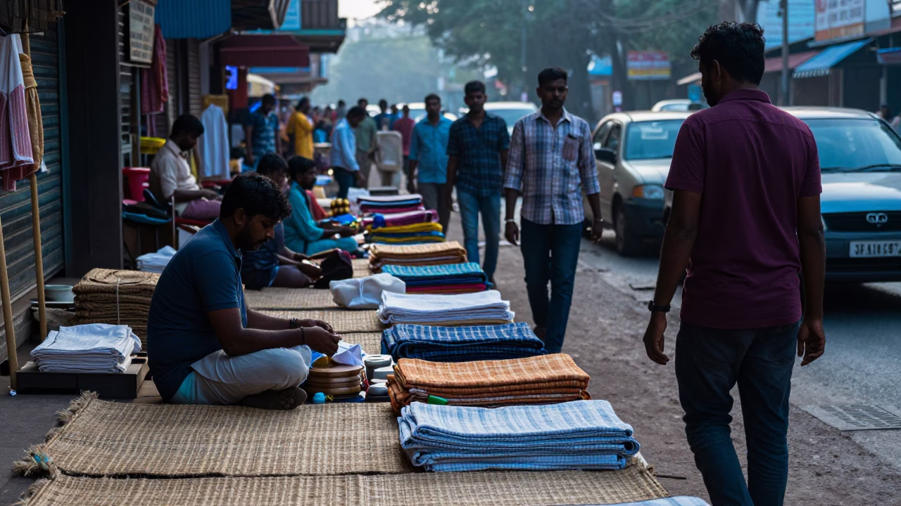Busy Chennai Morning Street Scene with Woven Mats and Local Commerce in in Chennai, India