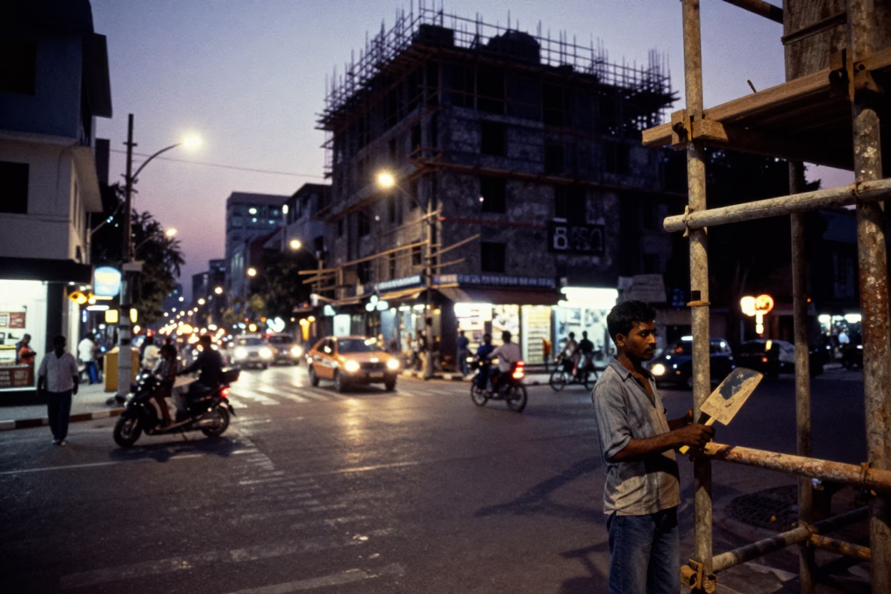 Busy Chennai Street Corner at Dusk with Construction Work and Local Life in in Chennai, India